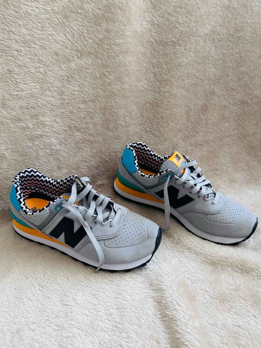 New Balance womens Gray Sneakers with Teal and Yellow Accents